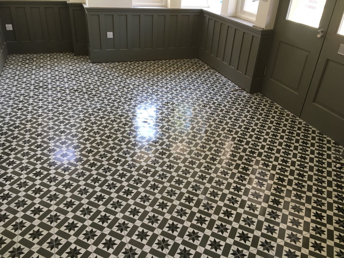 Lobby floor tiled in handmade tiles, Handmade  tile and stone flooring